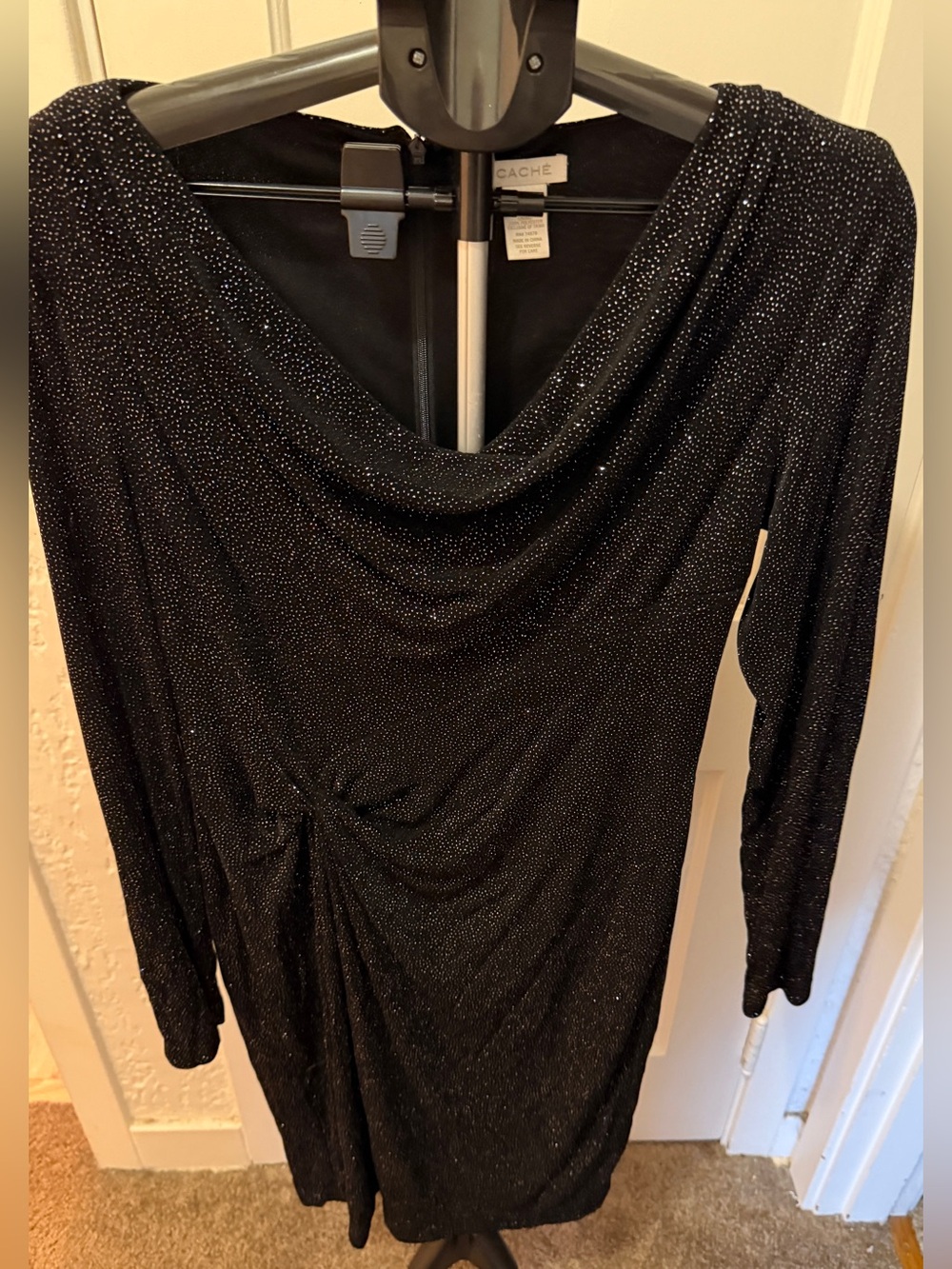 Cache Black Sparkle Long-Sleeve Cowl Neck Dress